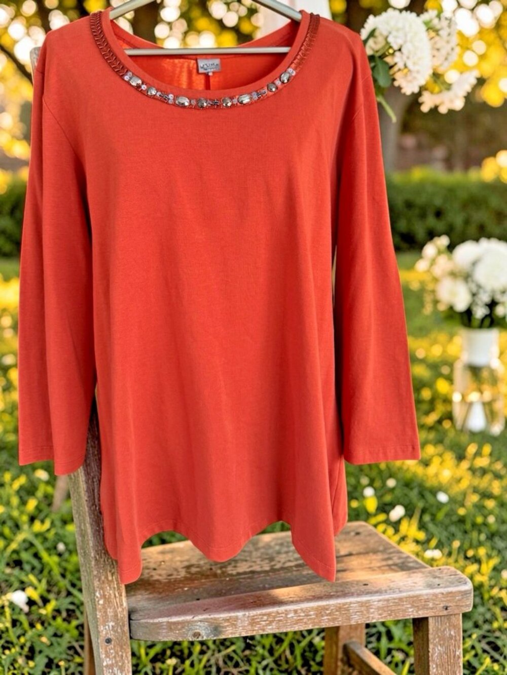 Christopher & Banks Rust Orange 3/4 Sleeve Top With Embellished Neckline-Size XL